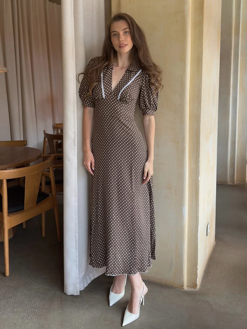 

Marthaqiqi Polka Dots Ladies Nightgowns Turn-Down Collar Sleepwear Half Sleeve Pajama Ankle-Length Dress Winter Female Nightwear