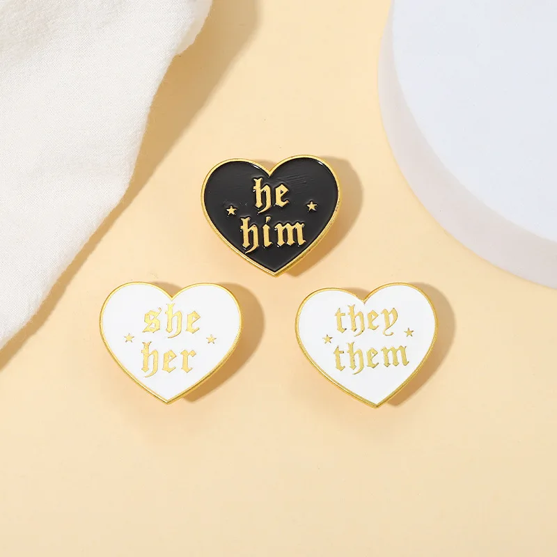 Third Person Pronouns Enamel Pins Simple Love Black and White He Him She Them Brooches Lapel Badges Jewelry Gift Dropshipping