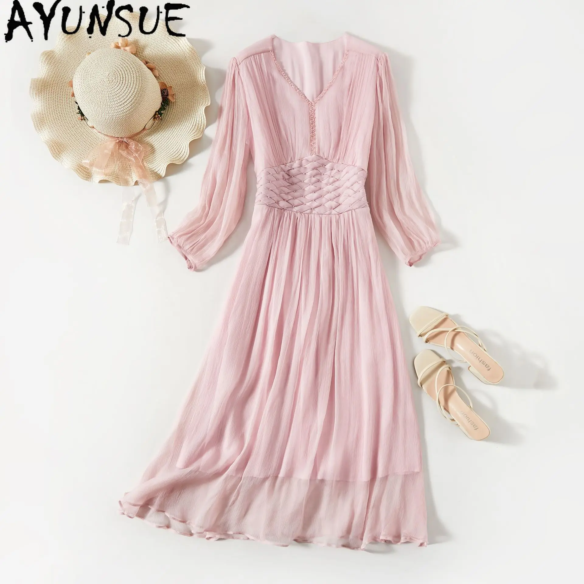 

AYUNSUE 100% шелковое платье тутового шелка, женское 4 цвета, элегантное платье для женской одежды, летнее платье в пляжном стиле, женское платье 2025 года, Vestido