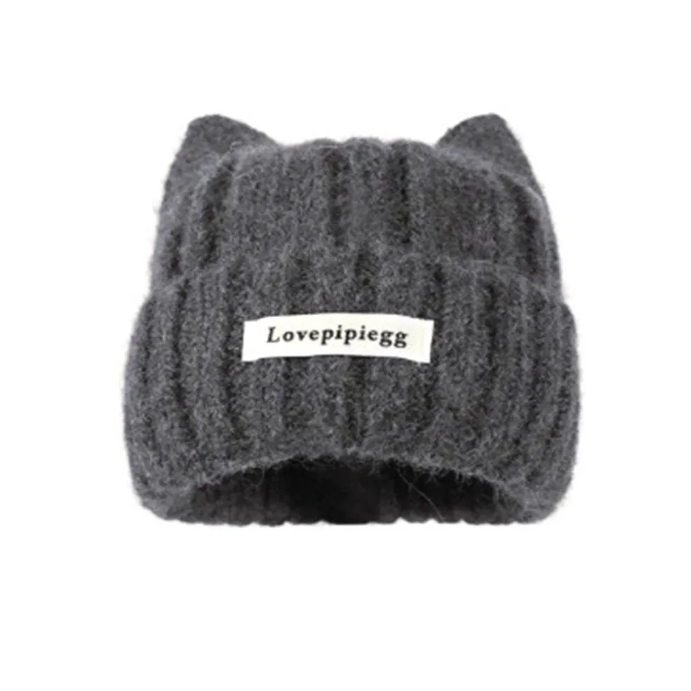 

Cute Elastic Knitted Woolen Cap Cat Ear Windproof Ear Protection Hat Thickened Keep Warm Beanie Hat for Women