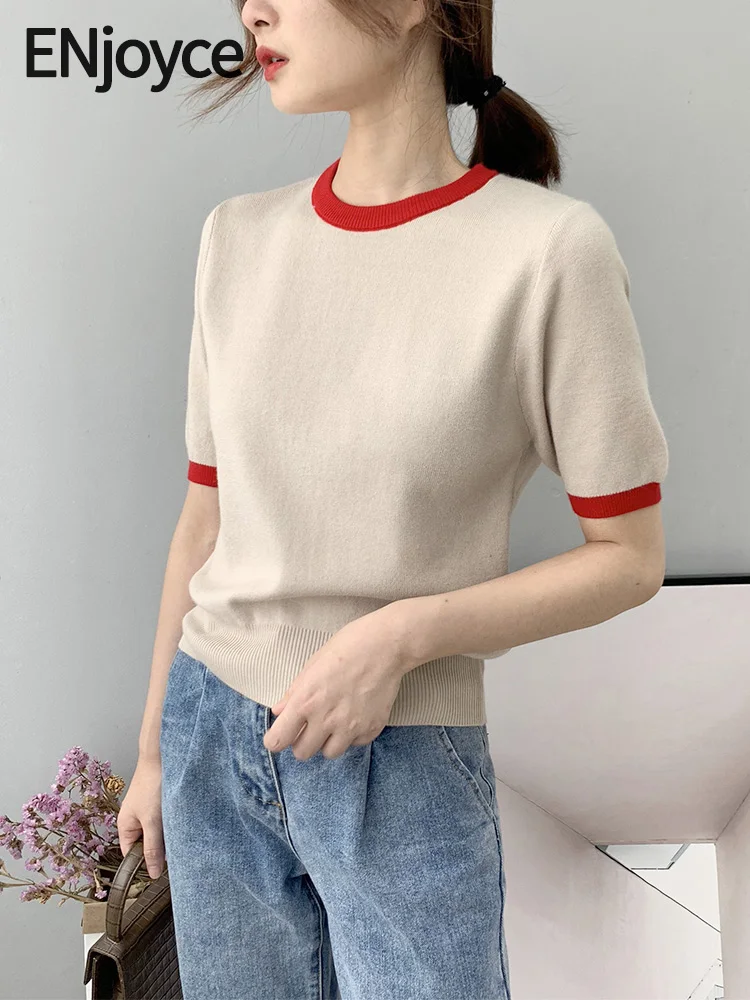 Spring Summer Women Vintage Short Sleeve Knitted T-Shirt Korean Fashion Elegant Pullovers Cropped Tops Ladies Knitwear