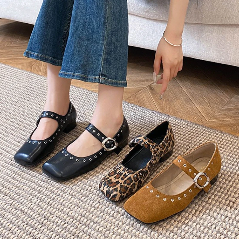 Retro Rivet Low Heel Mary Jane Shoes Women Autumn New Leopard Square Toe Ballet Shoes Fashion Buckle Design Casual Loafers