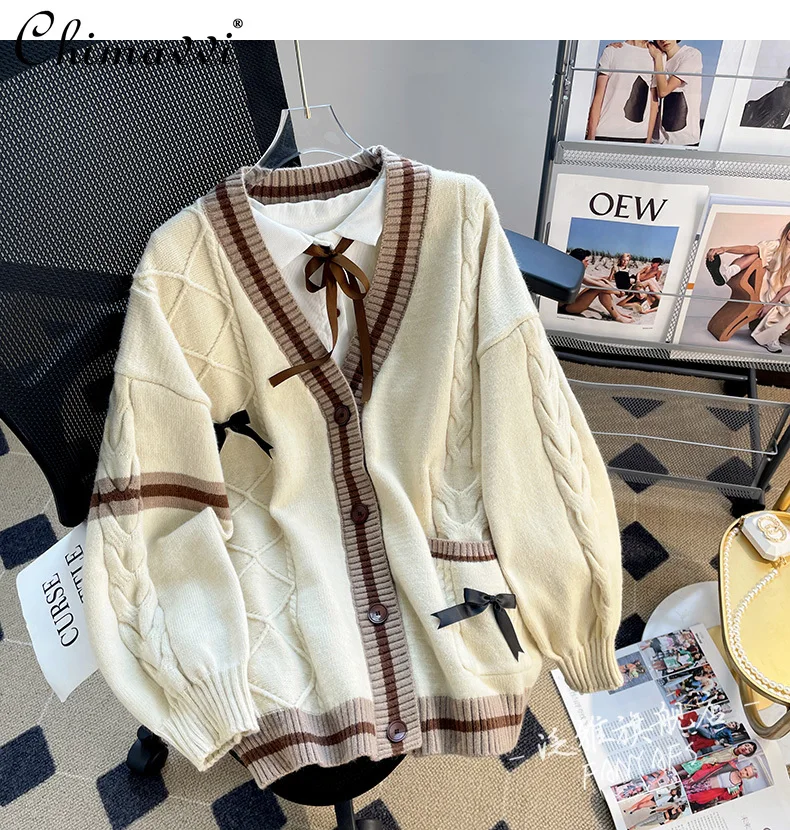 Preppy Style Cute Bow Patchwork Knited Cardigan Autumn Winter Japanese Sweet V-neck Single Breasted Loose Casual Pink Sweater