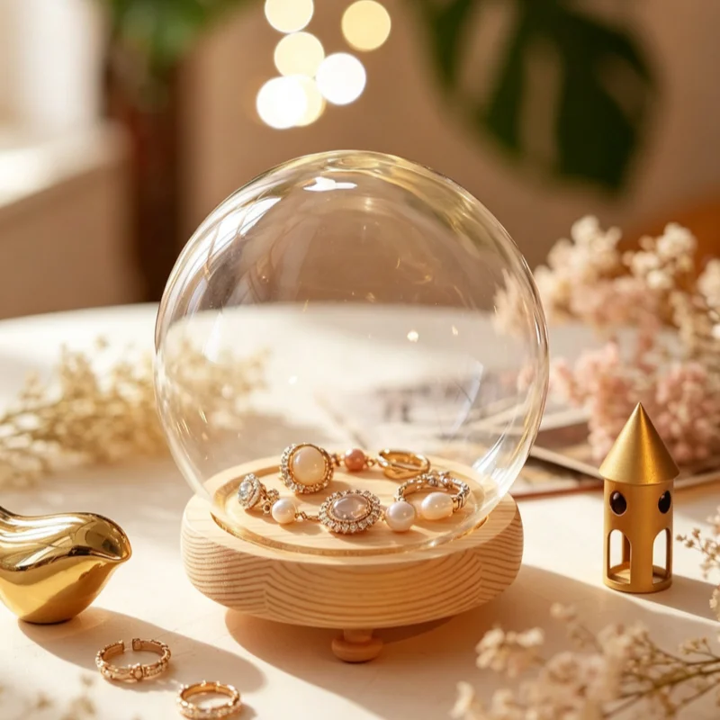 DIY Empty Glass Snow Globe Promotional Hand Model Dust Cover Gift Light Snow Dome  Flower Cover With Wooden Base