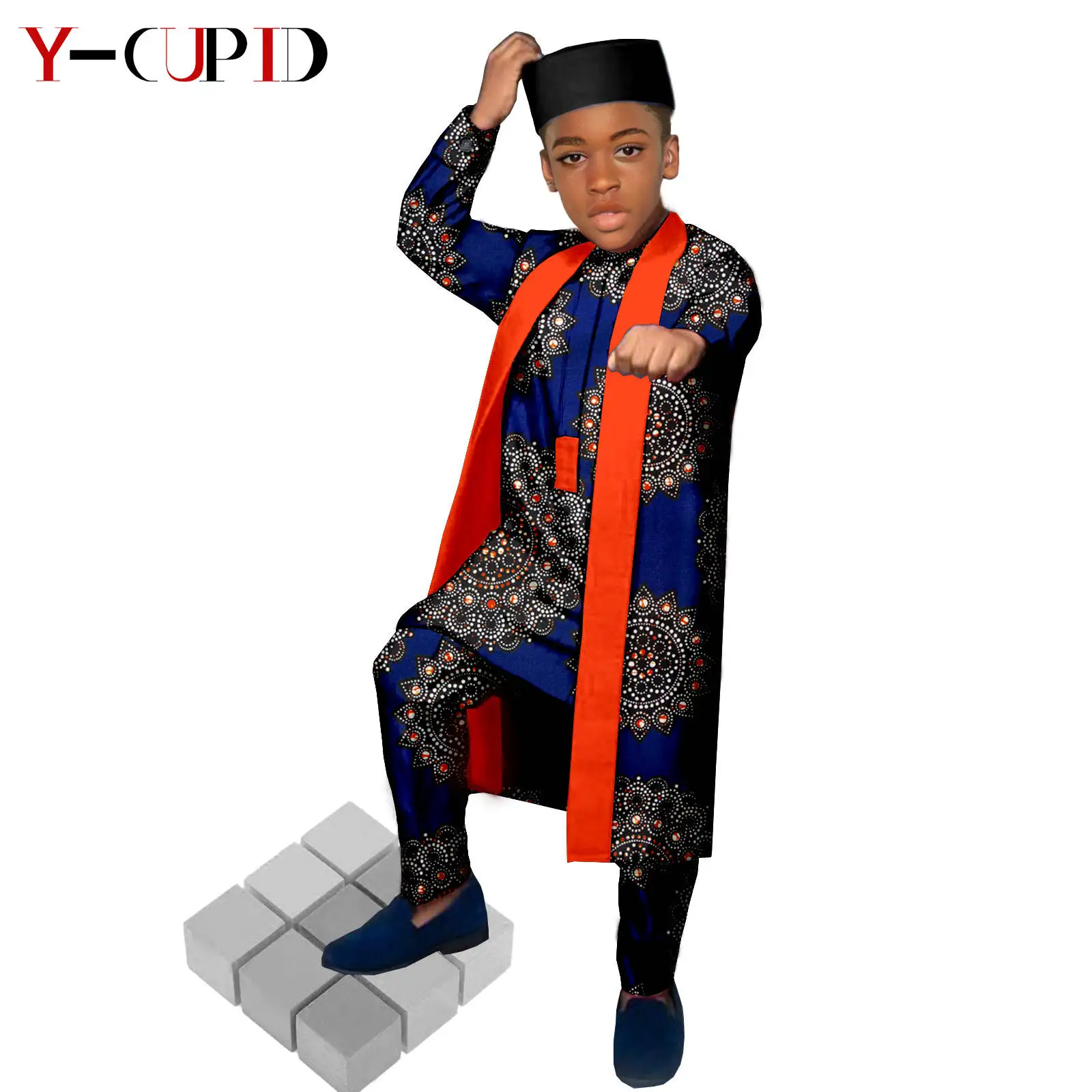 African Clothes for Kids Boys Dashiki 4 Pieces Sets Print Tee and Pants Vest Matching Cap Bazin Riche Children Outfits Y214003