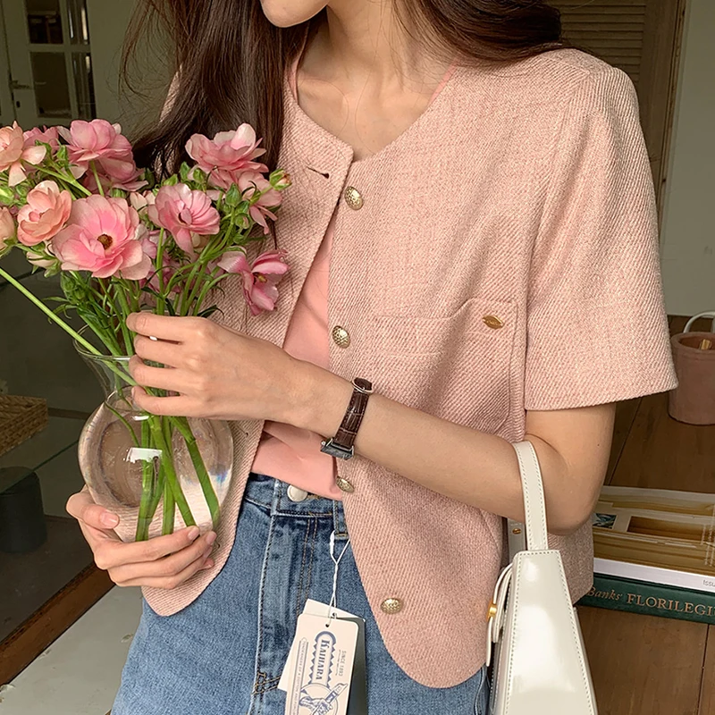 

Temperament Suit Jacket Women Summer Single Breasted Slim Short Sleeved Top Harajuku Coat Tweed Pink Shirts