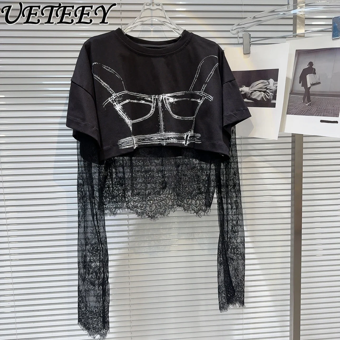 2024 Summer New Sweet Spicy Personalized Hand-Painted Cartoon Picture Short Sleeve Top Wave Lace Long Sleeve T-shirt 2-Piece Set