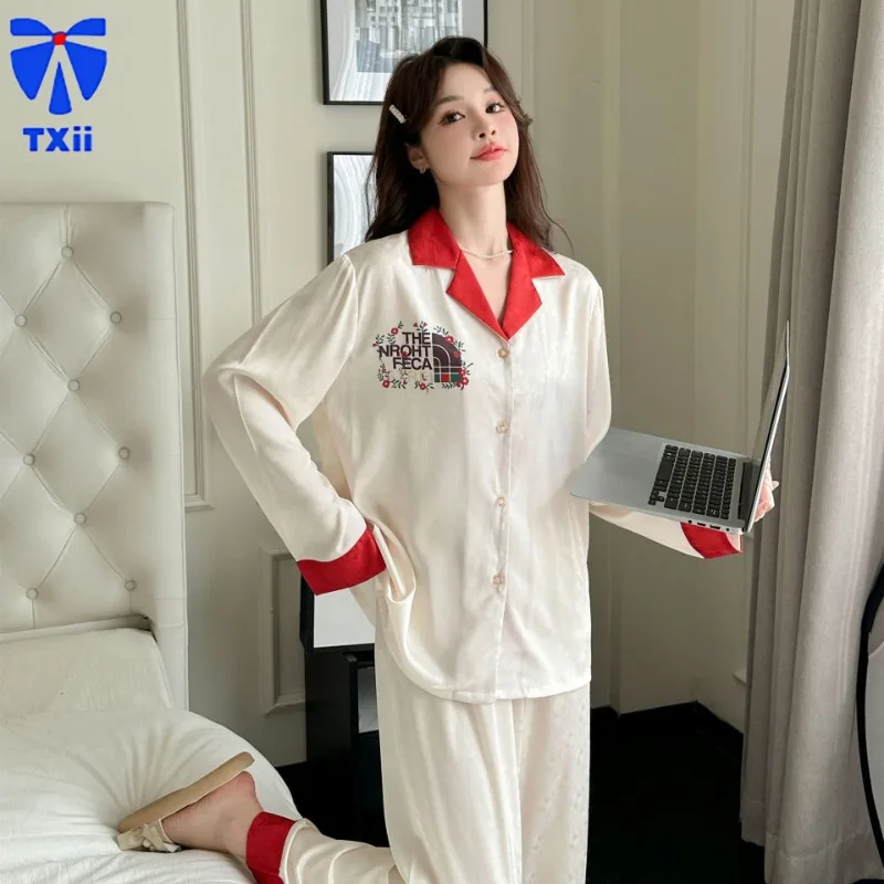 New Ice Silk Pajamas Women\'s Ins High Set Jacquard Long Sleeve Trousers Luxury Style Home Clothes suit