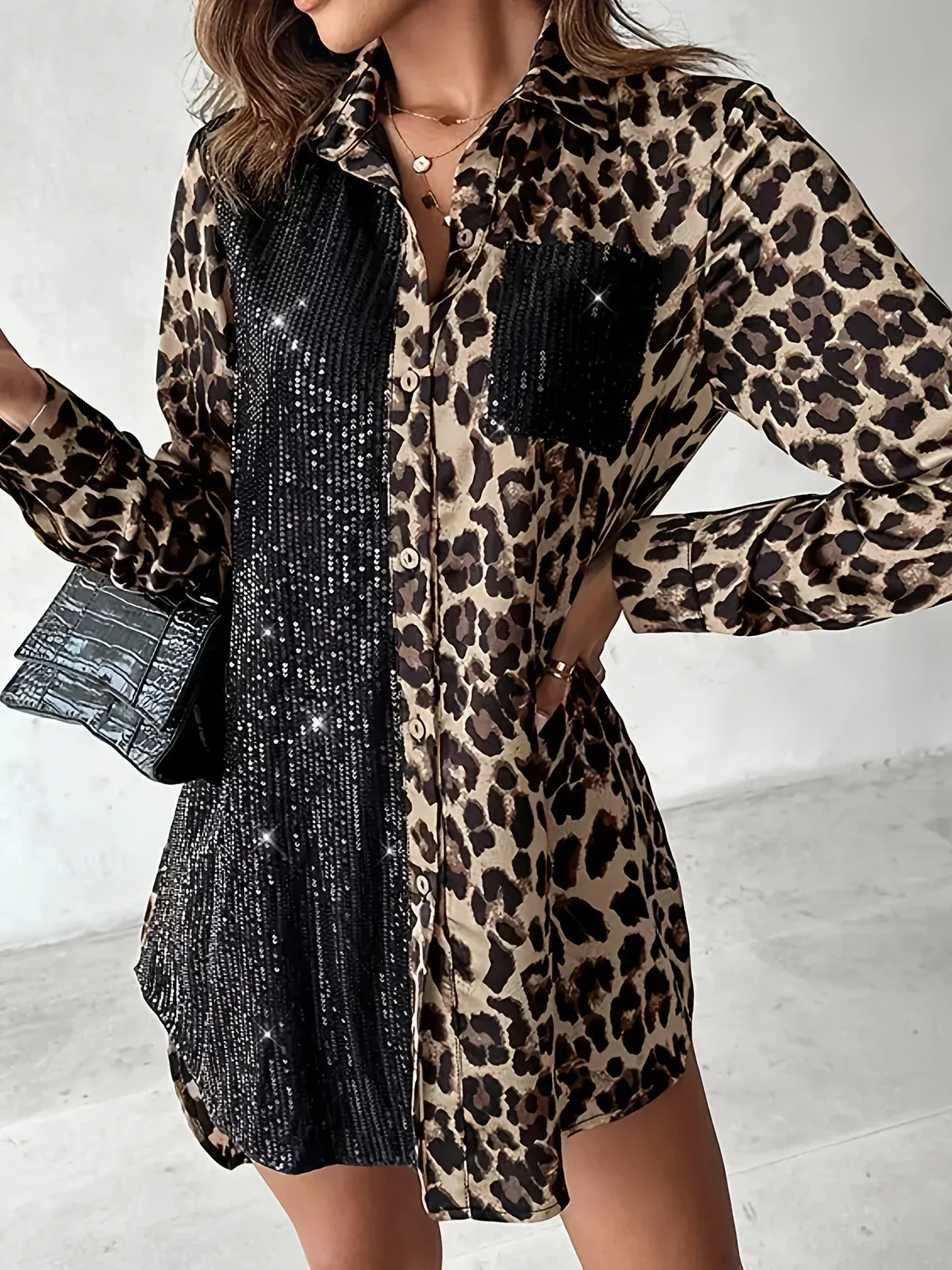 เดรสเชิ้ตแฟชั่นผู้หญิงไซส์ใหญ่ 1XL-5XL แขนยาว ลายเสือดาว แต่งระบายชายกระโปรง