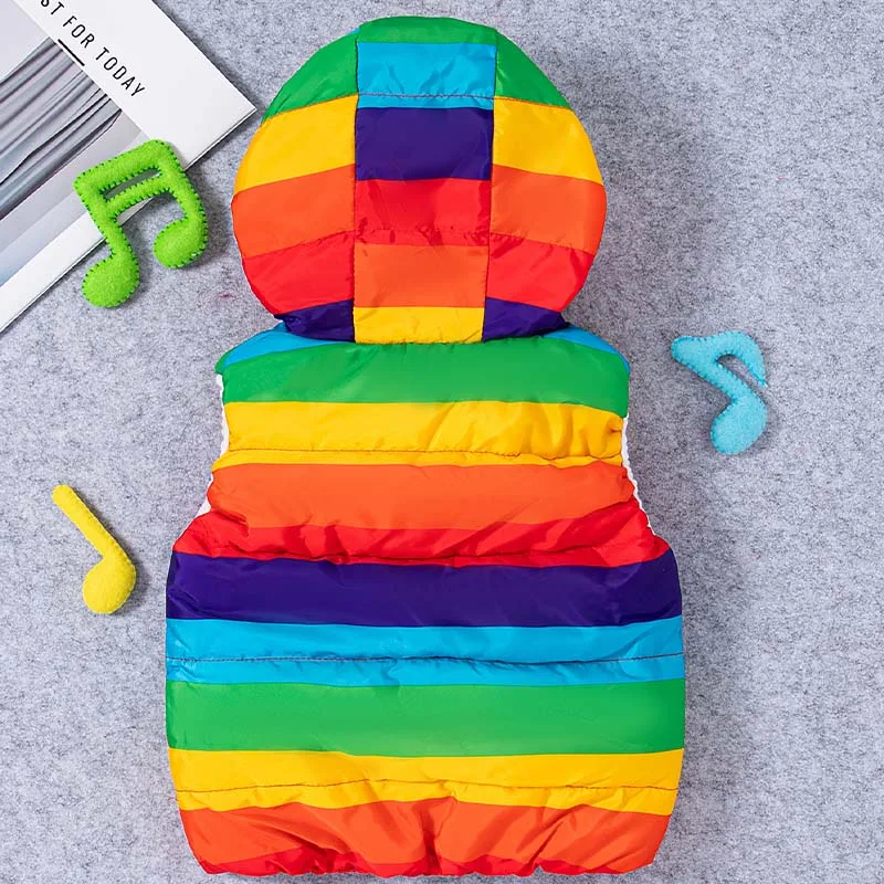 Baby Tops Autumn/Winter Fashion Colorful Stripe Hooded Baby Vest Plush Thickened Windproof Sleeveless Girl Jacket Baby Coat