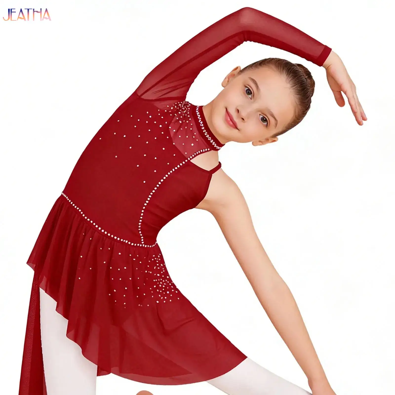 

Kids Rhinestone Ballet Gymnastics Jersey Figure Ice Skating Leotard Dress Long Sleeve Mesh Splice Stage Competition Dance Wear