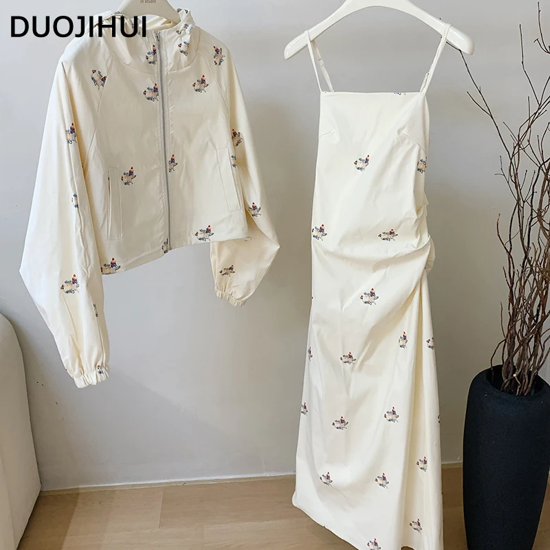 DUOJIHUI Two Piece Chic Printing Loose Female Dresses Classic Hooded Drawstring Tops Casual Simple Fashion Camisole Women Dress