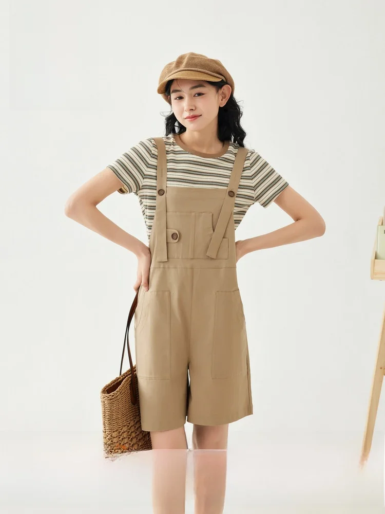 

Women's Summer Workwear Overalls Set Striped Knitted Dr Two-Piece Suit Cotton Fabric Japanese Sle Floral Patterned