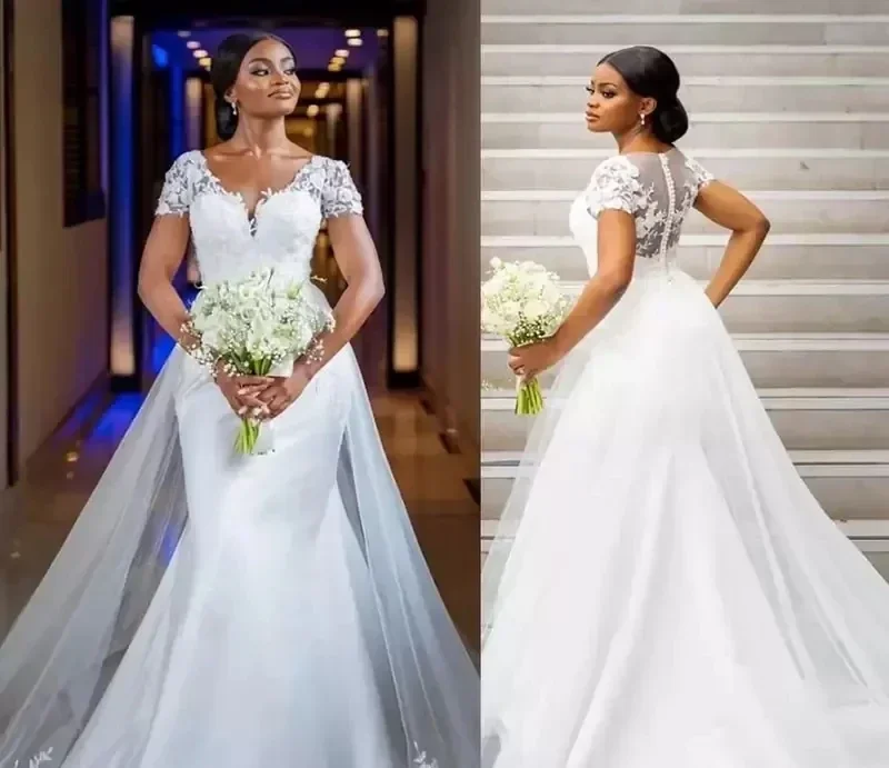 تخصيص حجم كبير حورية البحر فساتين الزفاف توج الخامس الرقبة قطار المحكمة التنانير قصيرة الأكمام فساتين رسمية رداء