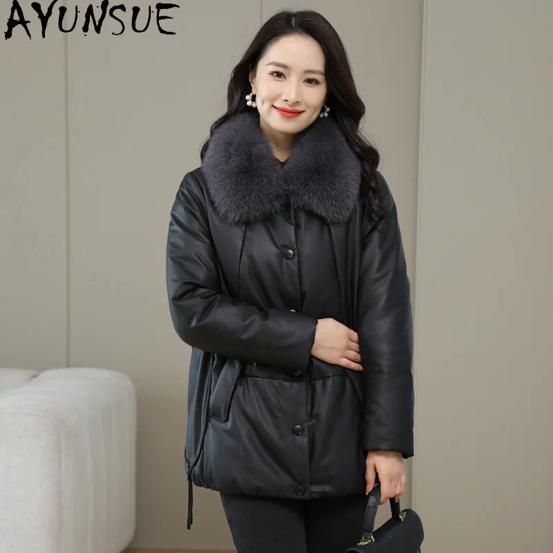 AYUNSUE Sheepskin Genuine Leather Jacket Women Warm Fox Fur Collar Womens Coats Winter Clothes Mid-length White Duck Down Coat
