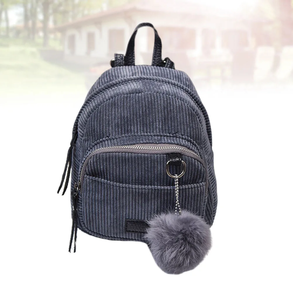 

Retro Blue Gray Corduroy Backpack Hairball Satchel Lightweight School Bookbag Travel Casual Bag for Girls Students