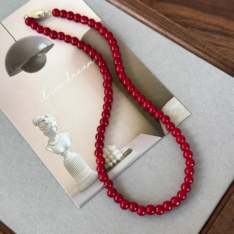 قلادة من خرز الزجاج المستدير باللون الأحمر من Ankela مع إبزيم سبيكة ذهبي على الطراز القديم وسلسلة عظمة وإكسسوارات بسيطة ومتعددة الاستخدامات #5