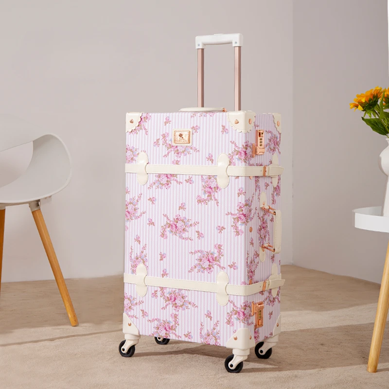 Retro suitcase Women's trolley case Universal wheel floral suitcase Boarding case 20 inch leather bag