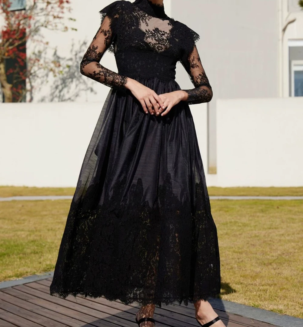 

European and American long-sleeved lace half-high collar splicing dress sweet temperament elegant long evening dress-GZXX436