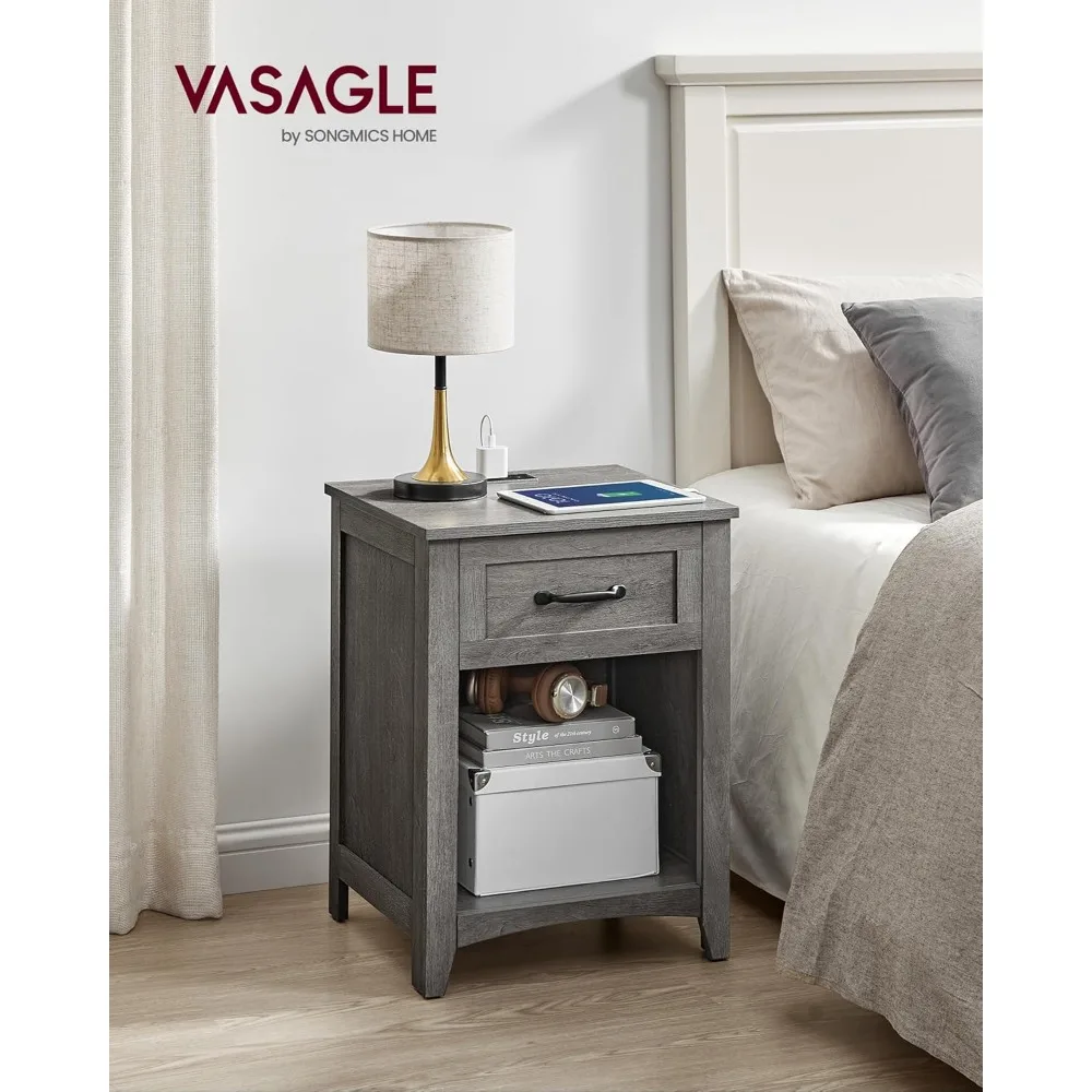 

Farmhouse Nightstand with Charging Station, Bedside Table with Drawer, Open Compartment, Side Table with Storage, for Bedroom