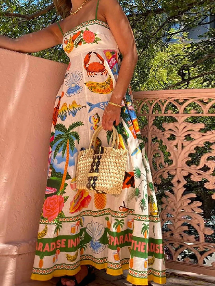 

Women Summer Spaghetti Strap Long Maxi Dress Sleeveless Square Neck Elements Print Boho Beach Flowy A-Line Dress Bodycon