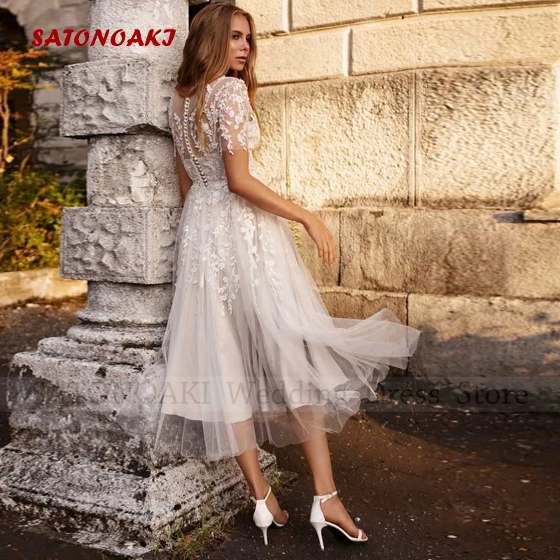 Vestidos De Novia Elegant Sexy Boho Lace Short Wedding Dress A-Line O-Neck Tea Length Illusion Bride Gowns Robe Mariée Custom