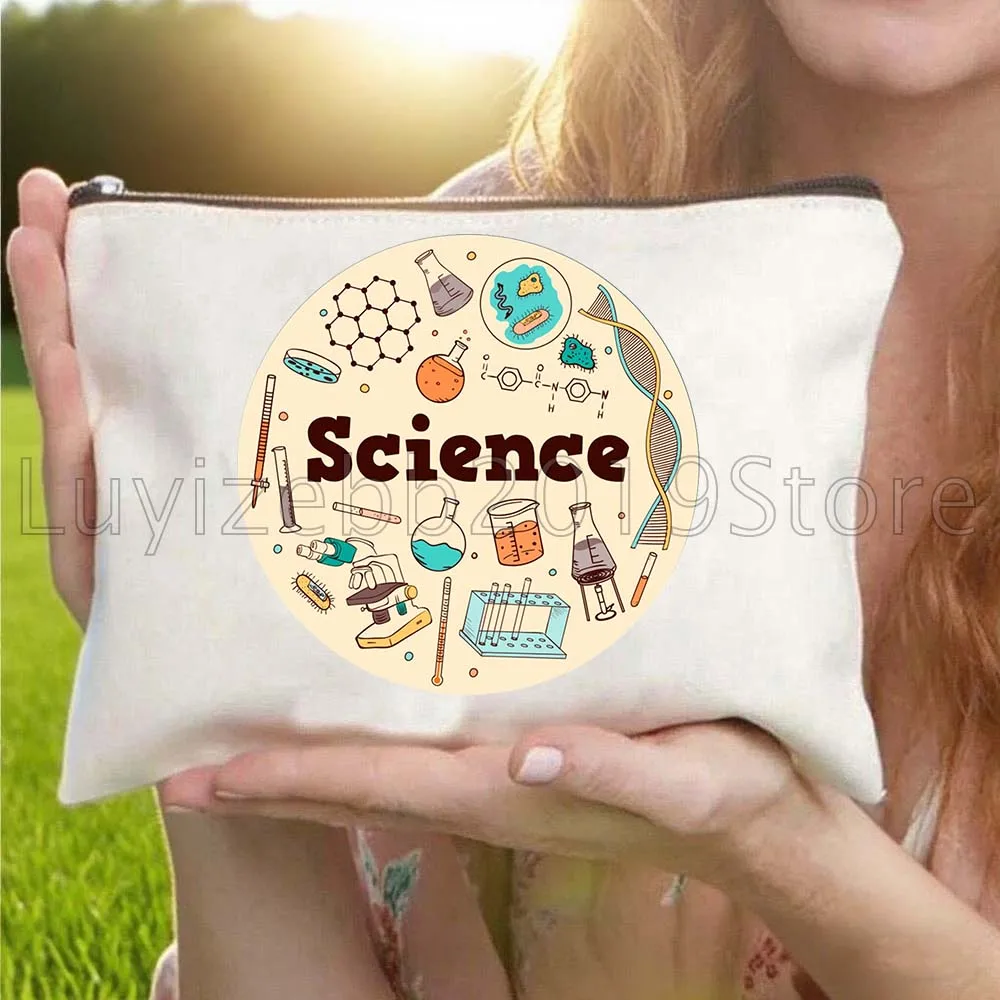 Science School Student Teacher Gift Biology Chemistry Physics Scientist Canvas Cosmetic Bag Makeup Toilet Bag Pencil Case Pouch