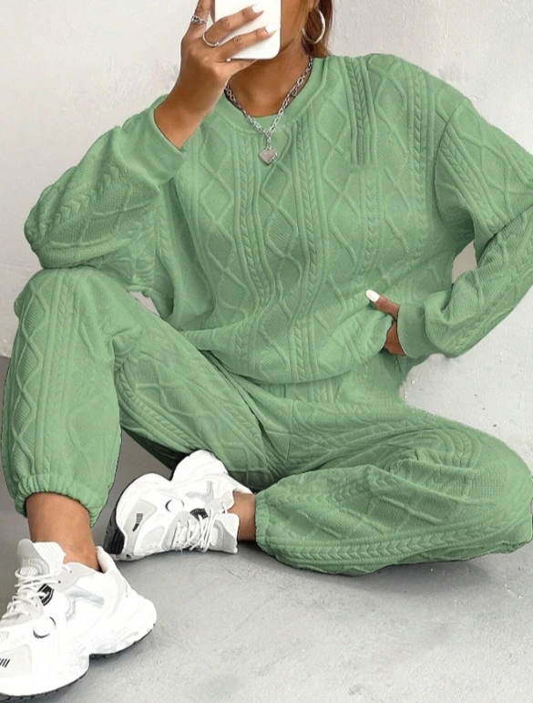 レディースファッション カジュアル ジャカード 長袖 カジュアル ラウンドネック スウェットシャツ ロングパンツ セット 2025 秋新作