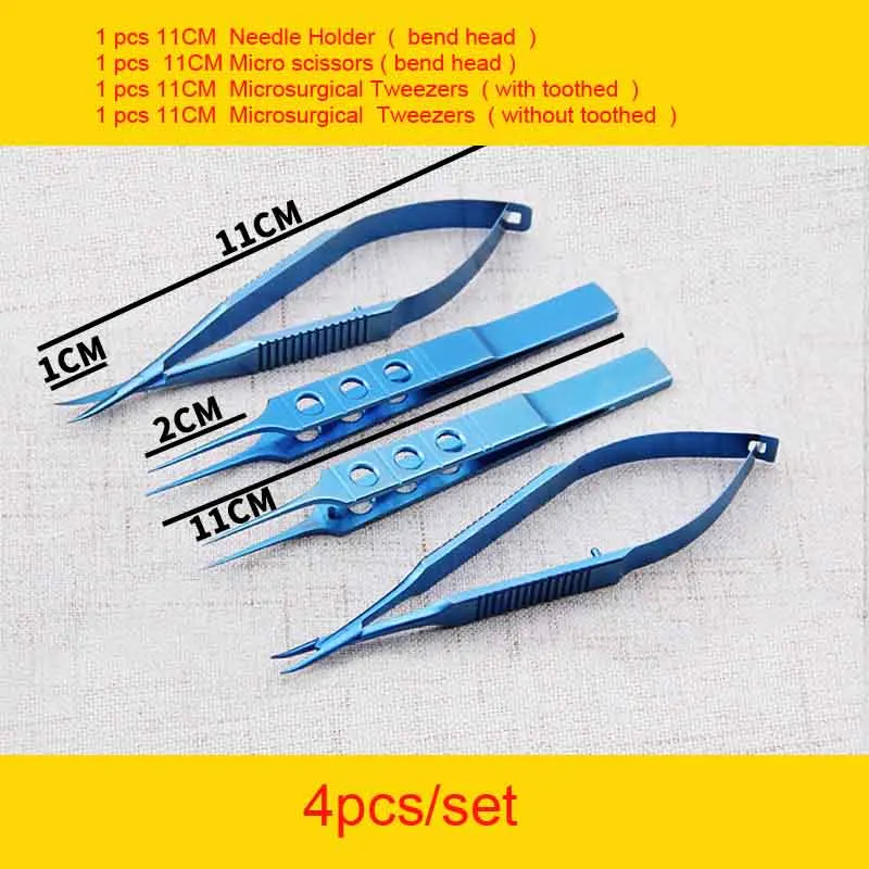 New 11cm Stainless steel ophthalmic microsurgical instruments Needle Holder Micro scissors Tweezers hand surgery 4pcs/set