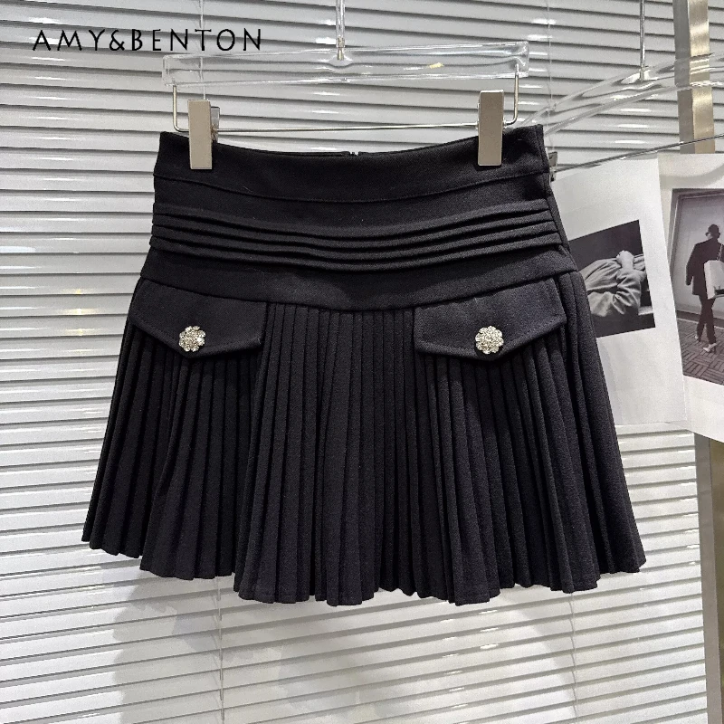 

Heavy Industry Design Rhinestone Buckle Women's Skirt 2026 New Fashion Temperament Versatile Woolen Pleated A-line Skirts Ladies