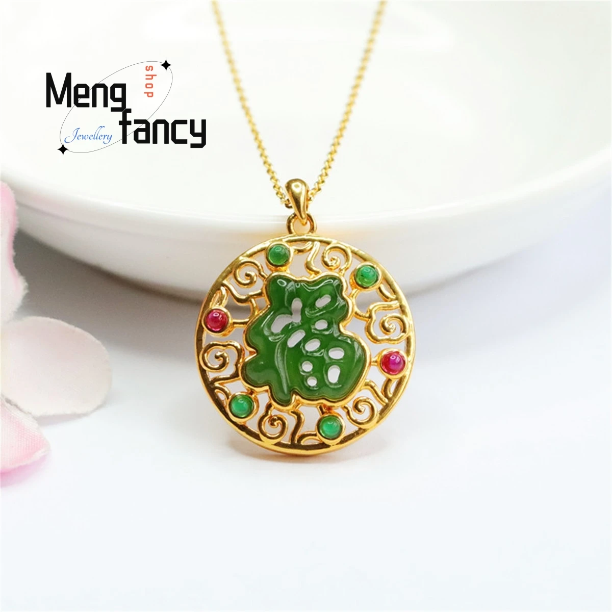 

Natural 18k Gold Inlaid Hetian Jasper Fuzi Green Openwork Necklace Simple Personality Fashion Exquisite Charm Women Fine Jewelry