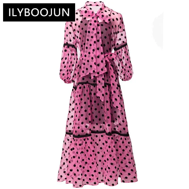 

ILYBOOJUN Fashion Designer spring Summer Women's Stand Collar Lantern Sleeved Bow Mesh Black Dot Elegant Chic Dresses