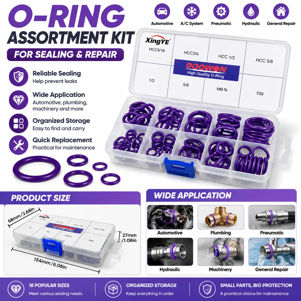 Universal O-Ring Assortment Box Seal Ring Replacement Kit for Automotive Pneumatic Hydraulic Equipment Repair