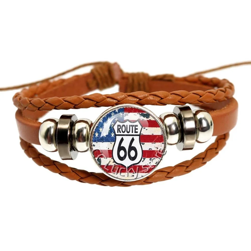 New Style ROUTE 66 18mm Brown Bracelets Handmade Art Photo Glass Cabochon Bracelet Women Men Jewelry Gift