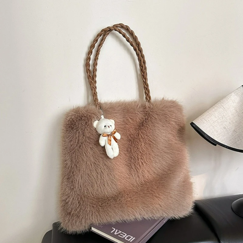 

New Fluffy Simple and Versatile Top Handle Bag Women Large Capacity Casual Travel Bag Winter Fashion Casual Texture Shoulder Bag