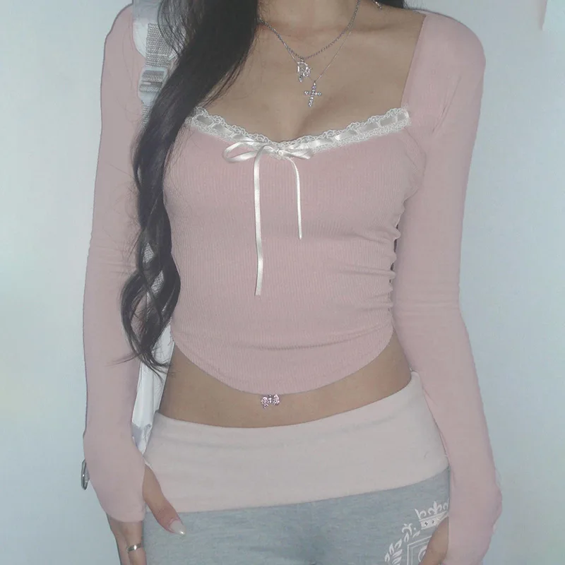 Long Sleeve Knitted Top Pure Desire Atmosphere Tie Patchwork Little Sexy Square Neck Low Cut Slim Pink Long SleeveTSpring and Su