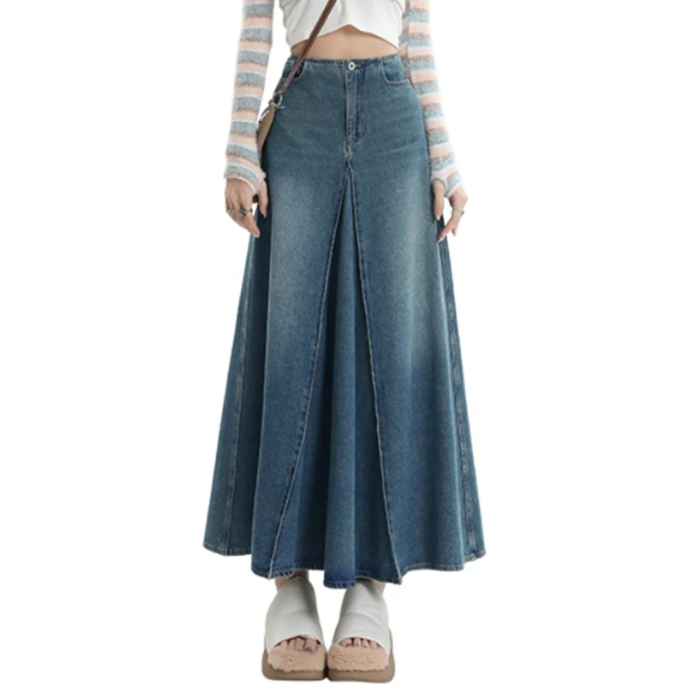 

New Women Spring Summer Vintage Denim Skirt Fashion Patchwork Design High Waist Washed Denim Skirt Simplicity Basic Long Skirt