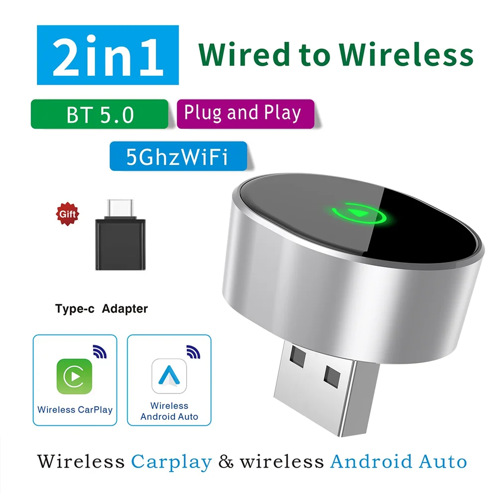

2025 New Wired to Wireless CarPlay 2 in1 Mini Adapter Android Auto Smart Box Plug and Play Auto Connection OTA Update Universal