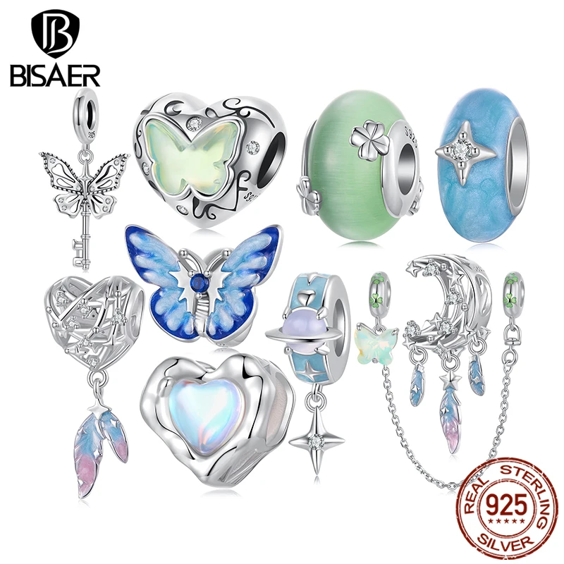 

BISAER 925 Sterling Silver Heart Moon Dreamcatcher Charm Bead Green Dreamy Butterfly Pendant For Women DIY Bracelet Fine Jewelry