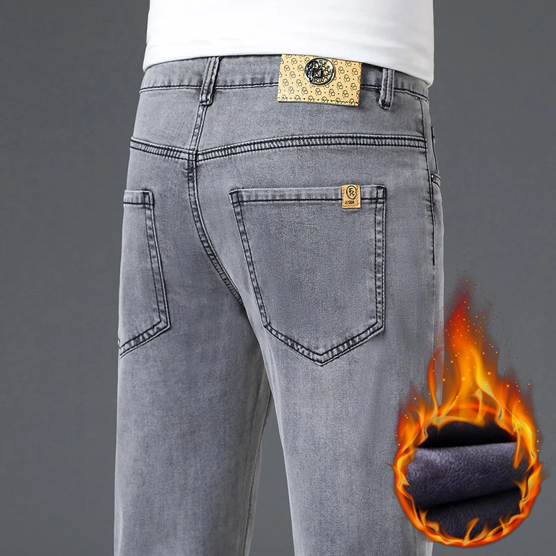 Men Autumn Winter Fleece Lined Jeans Casual Slim Straight Leg Warm Long Pants Daily Fashion Street Style Washed Denim Trousers