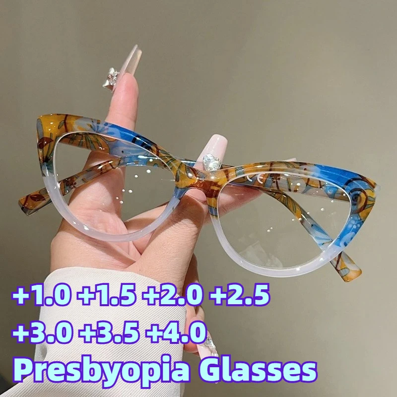 2026 Neue modische Cat-Eye-Anti-Blaulicht-Presbyopie-Brille mit unregelmäßigem Musterrahmen, Lesebrille, Dioptrien +1,0 bis +4,0