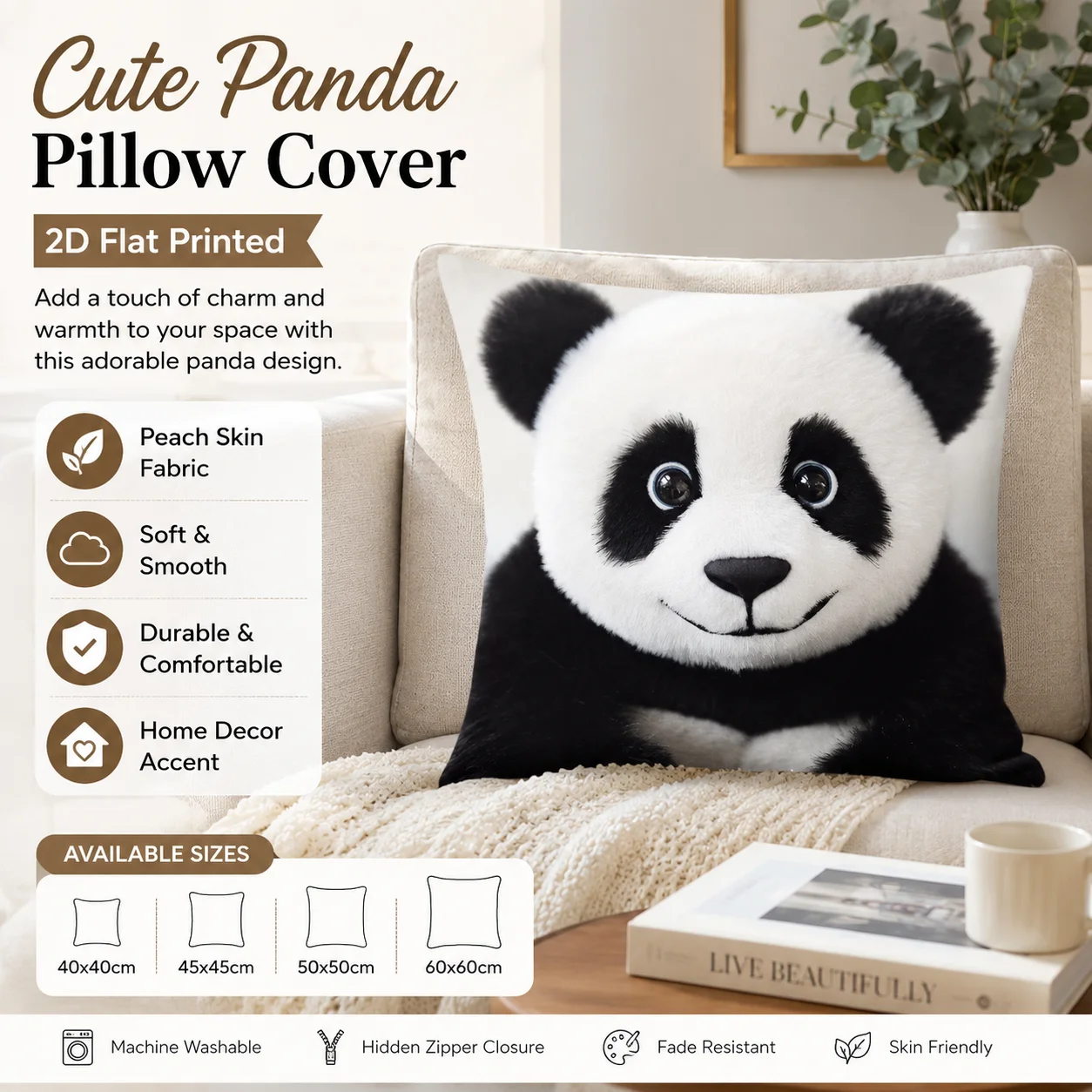 Kawaii Giant Panda 2D Flat Printed Peach Skin Pillowcase Cute Animal Throw Cushion Cover For Kids Bedroom Couch Decor