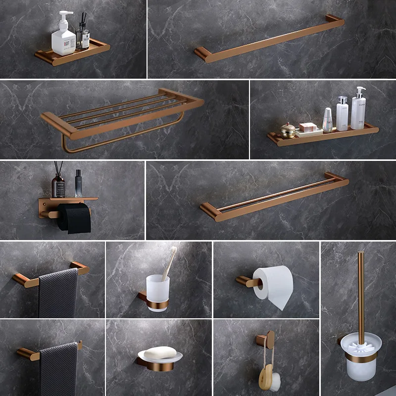 Brushed Rose Gold Towel Bar Tissue Rack Clothing Hook Toilet Brush Bath Towel Rack Towel Ring Bathroom Pendant