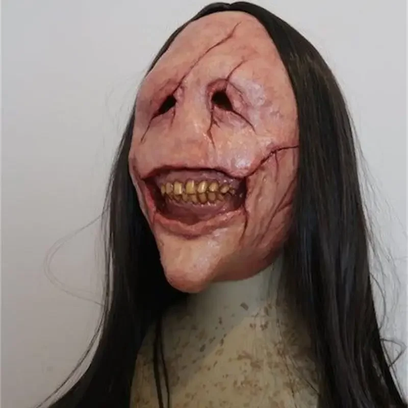 2024 New Halloween Horror Long Hair Devil Red Face Devil Mask Toothless Devil Latex Long Hair Mask Halloween Costume