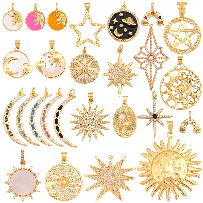 Sun Moon Star Celestial Charm Pendant,Real 18K Gold Plated Cubic Zirconia Paved,Jewelry Necklace Bracelet Accessories Supply K49