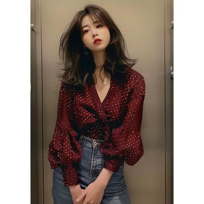 

Women Blouse 2026 Spring New Women's Casual Shirts Burgundy Polka Dot Blouse Elegant Lantern Sleeve Unique Stylish Top