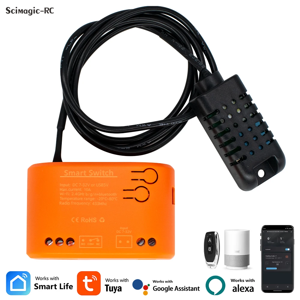 

Tuya WiFi умный реле температуры, влажности, модуль, датчик 1 канал, 7-32 В, реле, сухой контакт, беспроводное приложение Smart Life, работа, Alexa Google