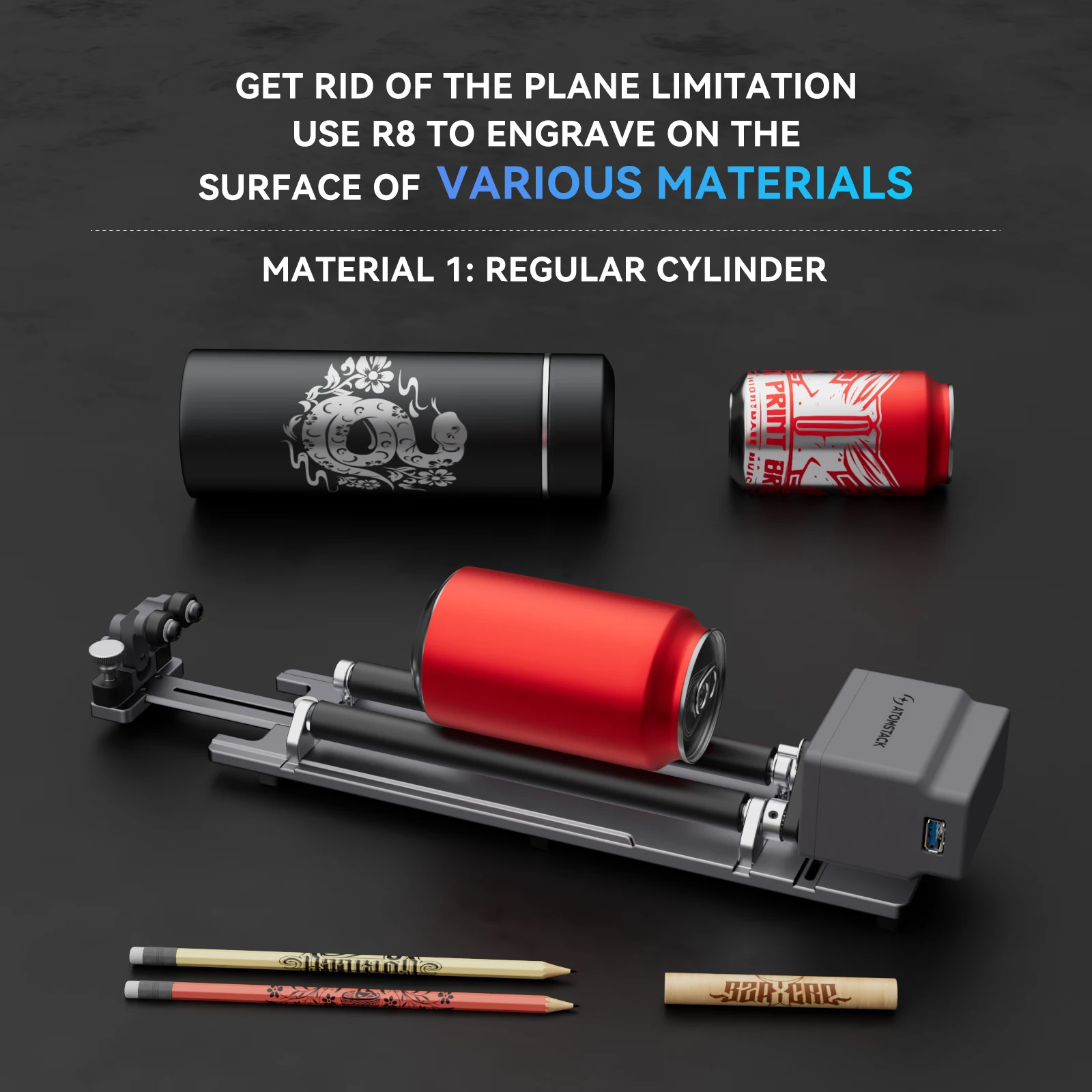 Atomstack R6 Rotary Roller Engraving Tool for Standard Cylindrical Objects Smart Recognition 360° Rotating with AtomStack Studio