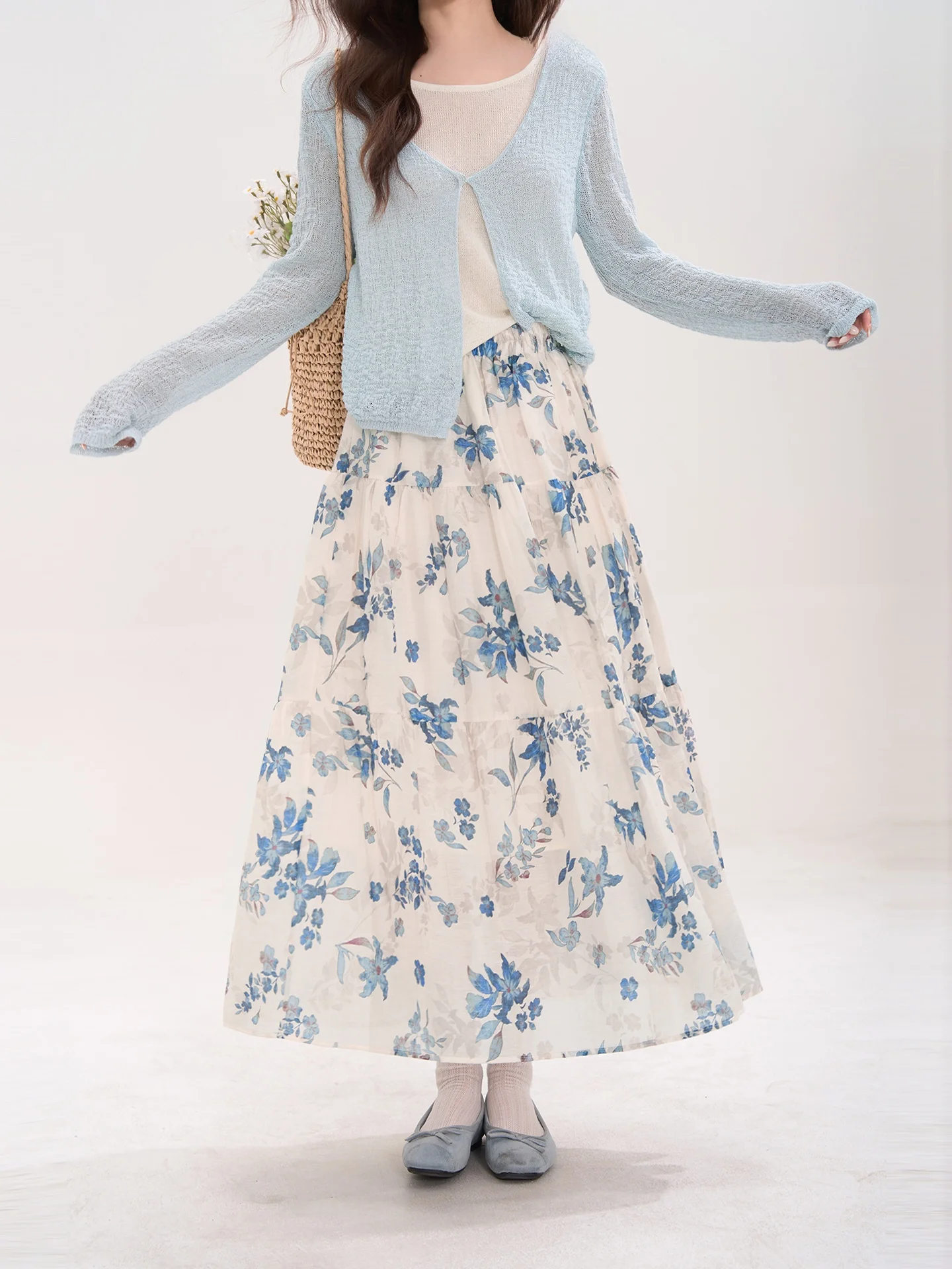 

Юбка миди А-силуэта с высокой талией, с цветочным принтом, из льняной смесовой ткани, женская, летняя, модная, повседневная, удобная, экологичная