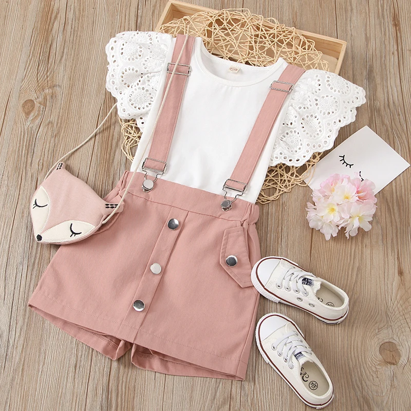 2026 Girls Clothing Sets Summer Cotton Top And Overalls Little Princess Baby Suits Birthday Party Kids Clothes 2 3 4 5 6 Years